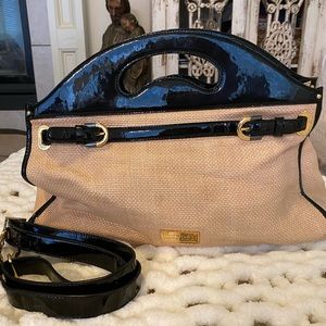 Badgley Mischka Rattan and Pattent Leather Tote